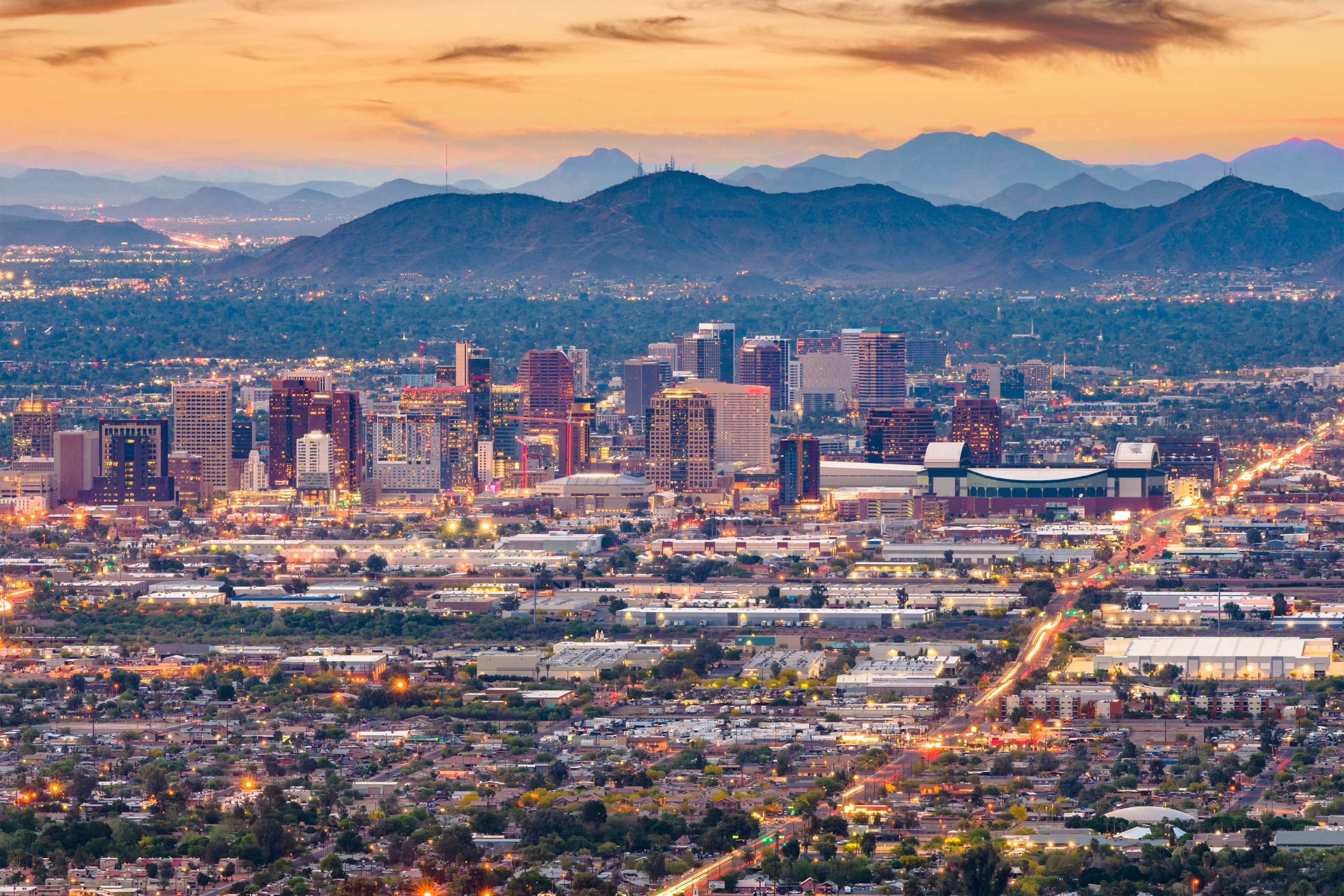 Phoenix, Arizona, USA downtown cityscape at dusk.